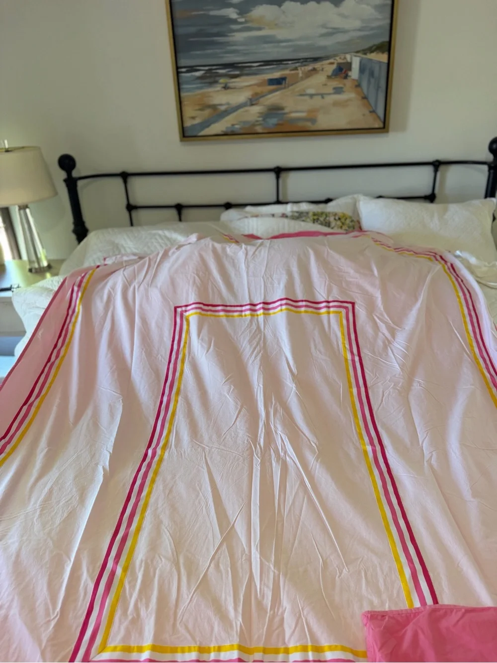 Pottery Barn Kids Pink Duvet Cover with Yellow & Fuchsia Stripe Accents